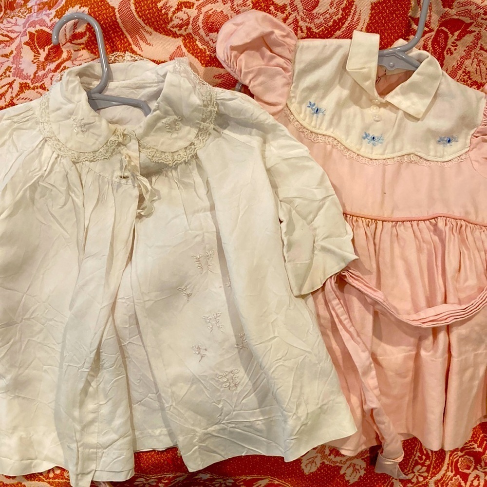 Vintage 50’s 2 piece 12m. White robe and pink dress. 150